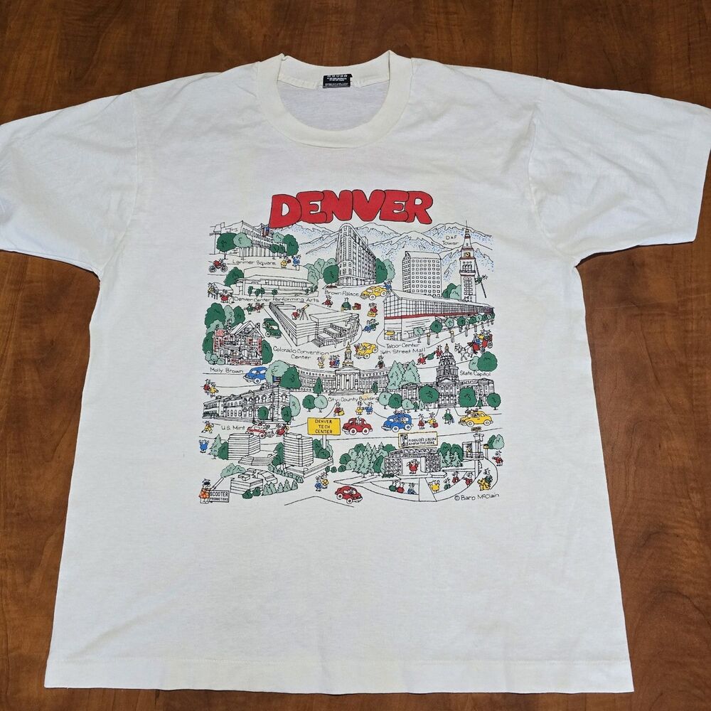 Screen Stars 80s Barb McClain Denver Colorado Cartoon Map Double Sided Tee XL